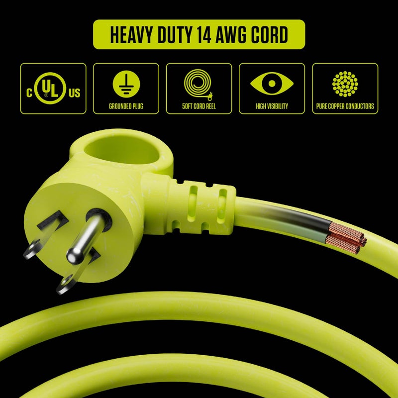 Masterplug 50ft Cord Reel, Retractable Extension Lead with Winding Handle, Safety Overload Circuit Breaker and Power Switch, 4X Grounded Outlets, 2X USB Ports, 13amps, 14AWG Cable - Image 4